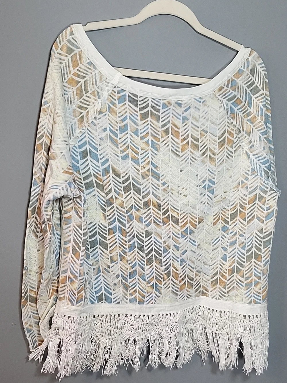 Free People Size L Pale Found My Friend Chevron Knit Fringe Hem Crop 3/4 Sleeve